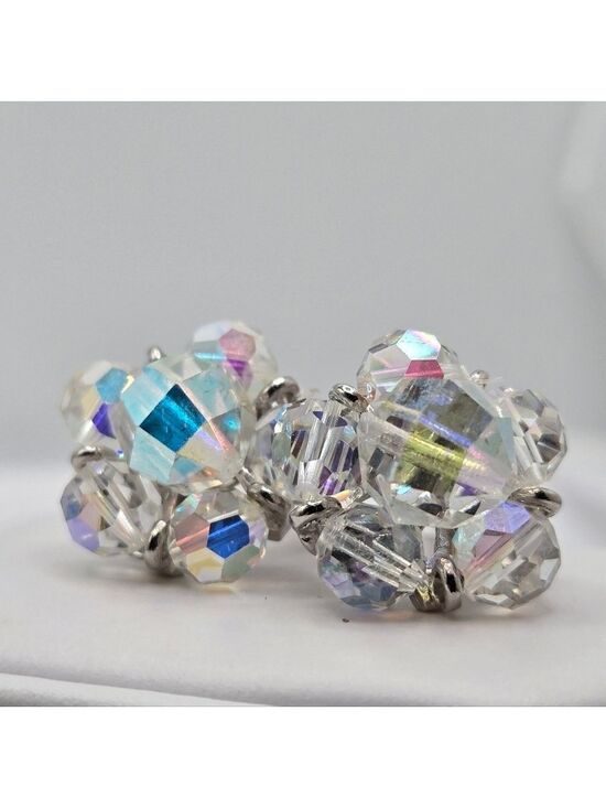 Handmade Jewelry - Aurora Borealis AB Handmade Beaded Flower Earrings Vintage Clip On